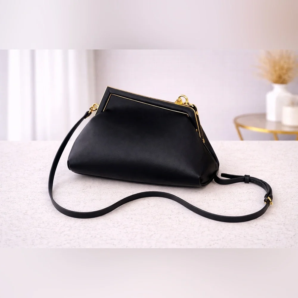 Black Designer-Inspired Crossbody Handbag | Gold Frame Clutch Purse - Picture 2 of 6